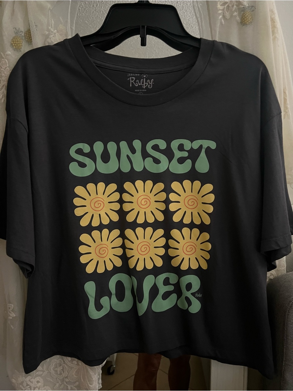 Jantzen Black Tee with Green 'SUNSET LOVER' Lettering and Yellow Flower Prints